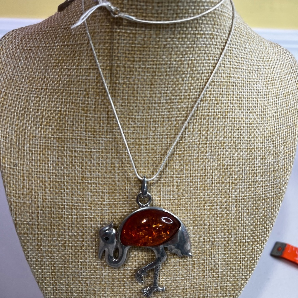 Flamingo Pendant Necklace with Amber Inlay - Silver Tone